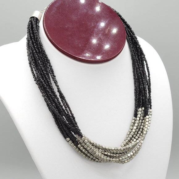 Premier Designs Multi Strand Beaded Necklace Black Silver Seed Beads 18 in - Picture 4 of 8